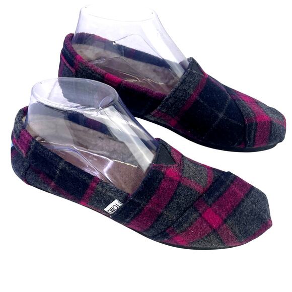 Tom’s Women Wool Blend Flats Moccasins Fuchsia Grey Plaid Flannel Slip On S 7.5 - Picture 4 of 12